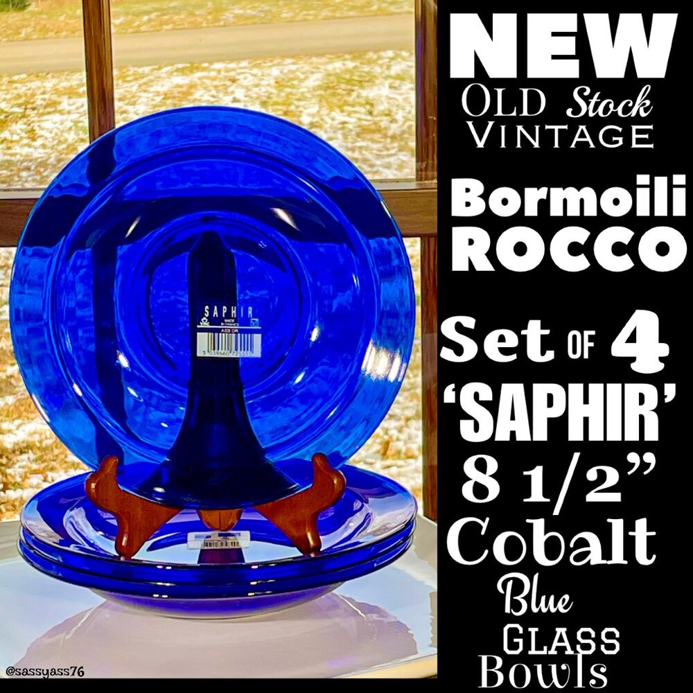 ▪️NWT▪️VTG▪️BORMOILI ROCCO▪️Four French Saphir 8.5" Cobalt Blue Glass Bowls